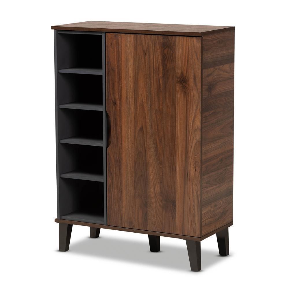 Idina Mid-Century Modern Two-Tone Walnut Brown and Grey Finished Wood 1-Door Shoe Cabinet FredCo