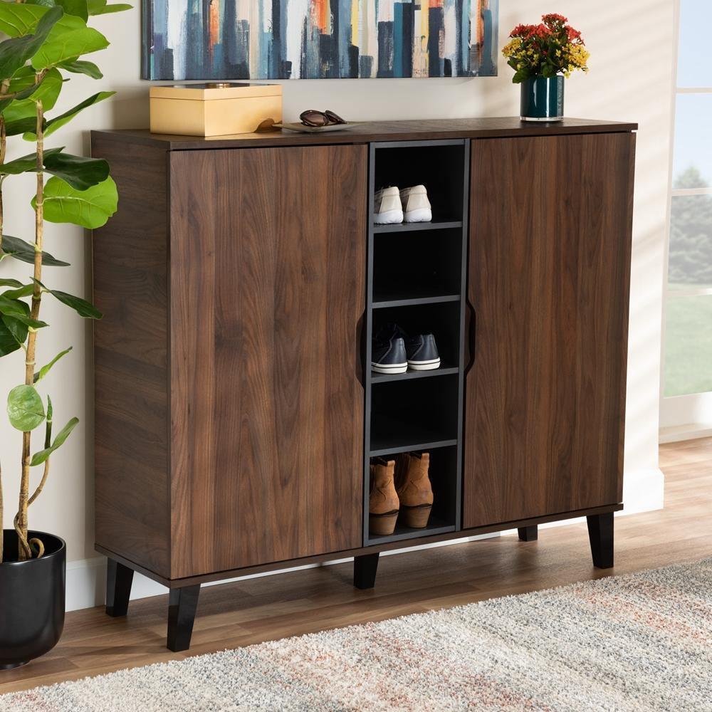 Idina Mid-Century Modern Two-Tone Walnut Brown and Grey Finished Wood 2-Door Shoe Cabinet FredCo
