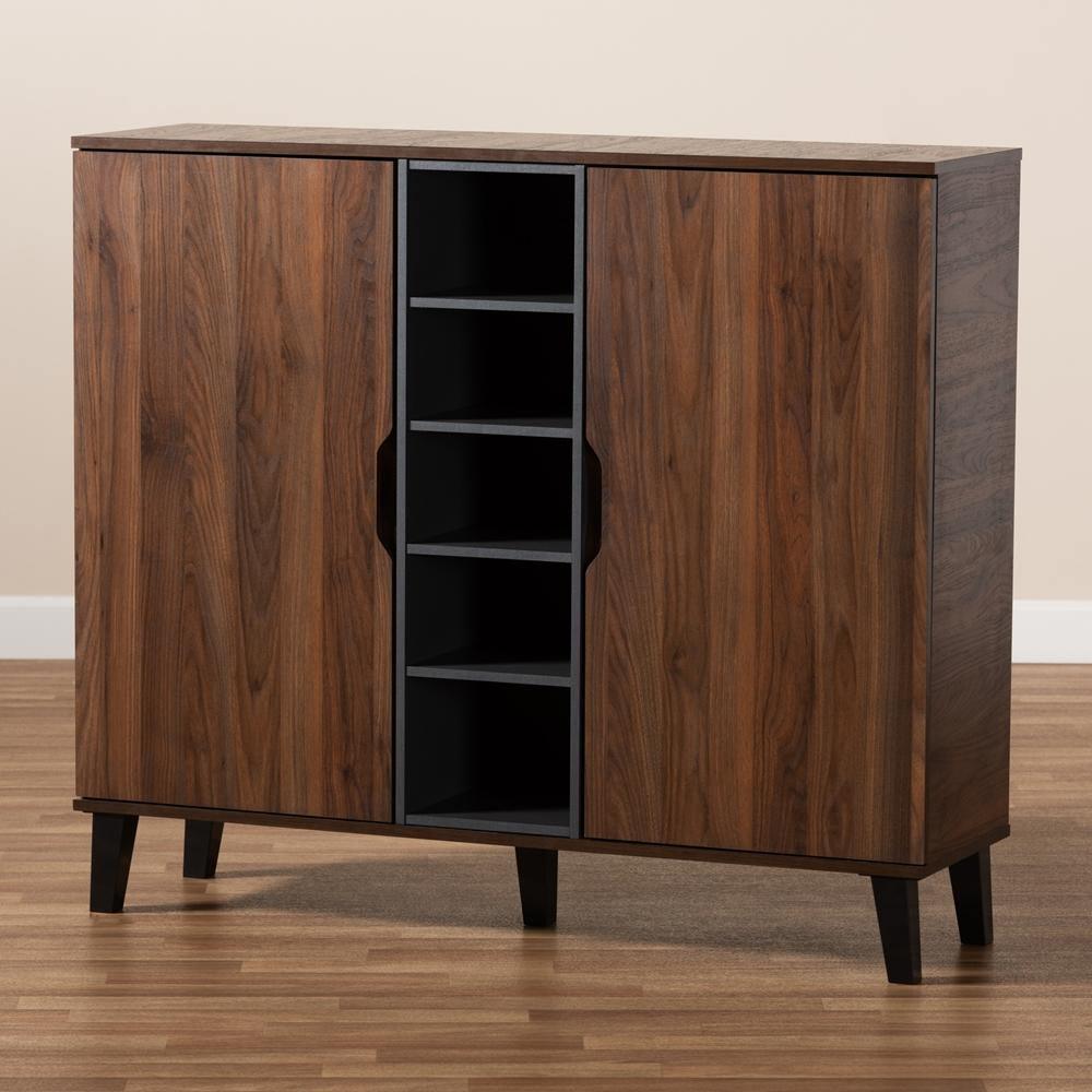 Idina Mid-Century Modern Two-Tone Walnut Brown and Grey Finished Wood 2-Door Shoe Cabinet FredCo