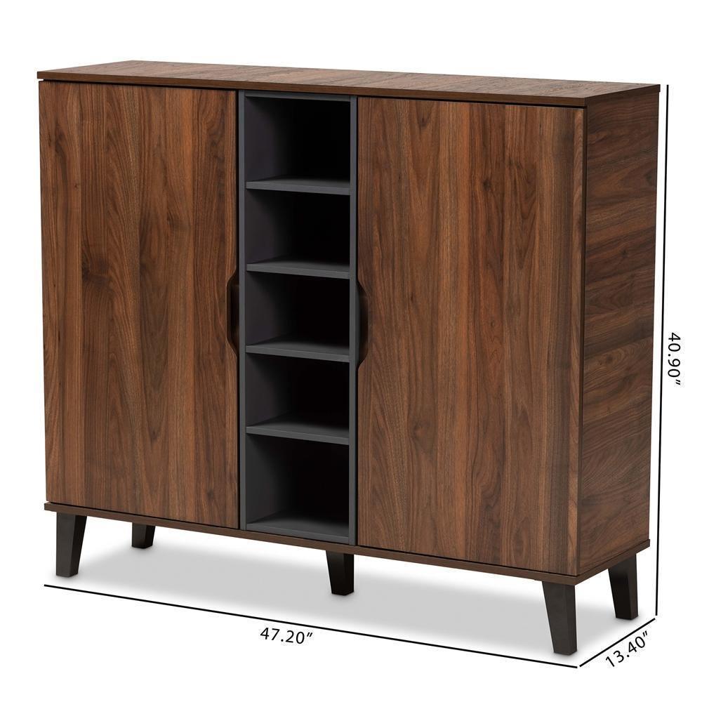 Idina Mid-Century Modern Two-Tone Walnut Brown and Grey Finished Wood 2-Door Shoe Cabinet FredCo