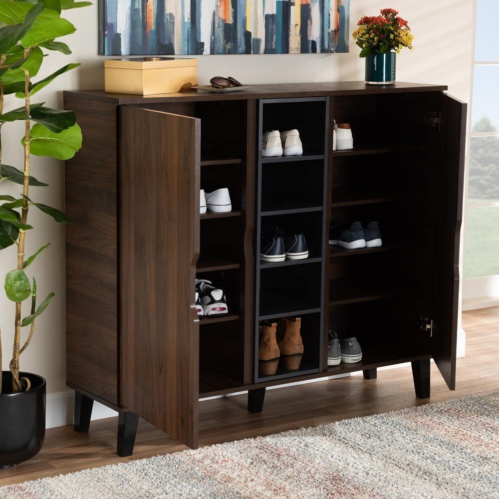 Idina Mid-Century Modern Two-Tone Walnut Brown and Grey Finished Wood 2-Door Shoe Cabinet FredCo