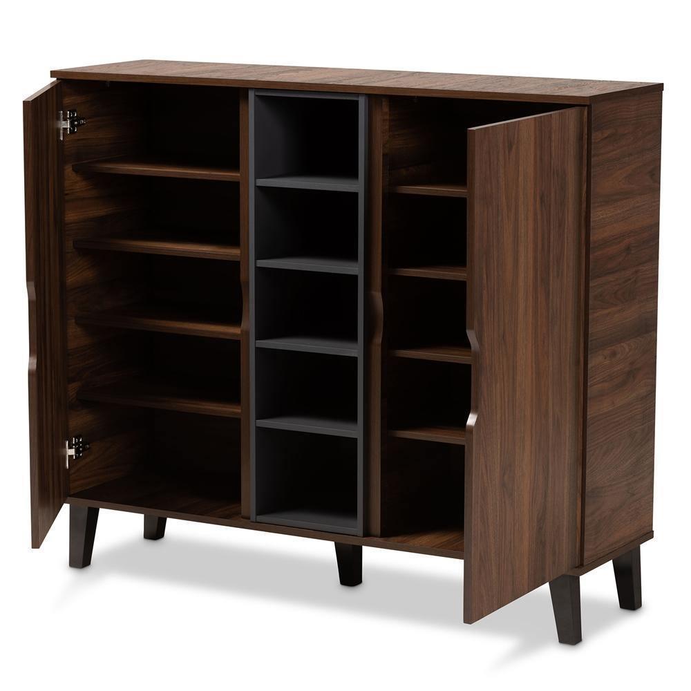 Idina Mid-Century Modern Two-Tone Walnut Brown and Grey Finished Wood 2-Door Shoe Cabinet FredCo
