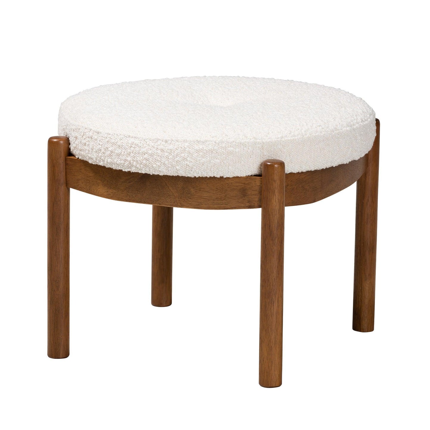 Iliana Japandi Cream Boucle Fabric and Walnut Brown Finished Rubberwood Ottoman Footstool FredCo