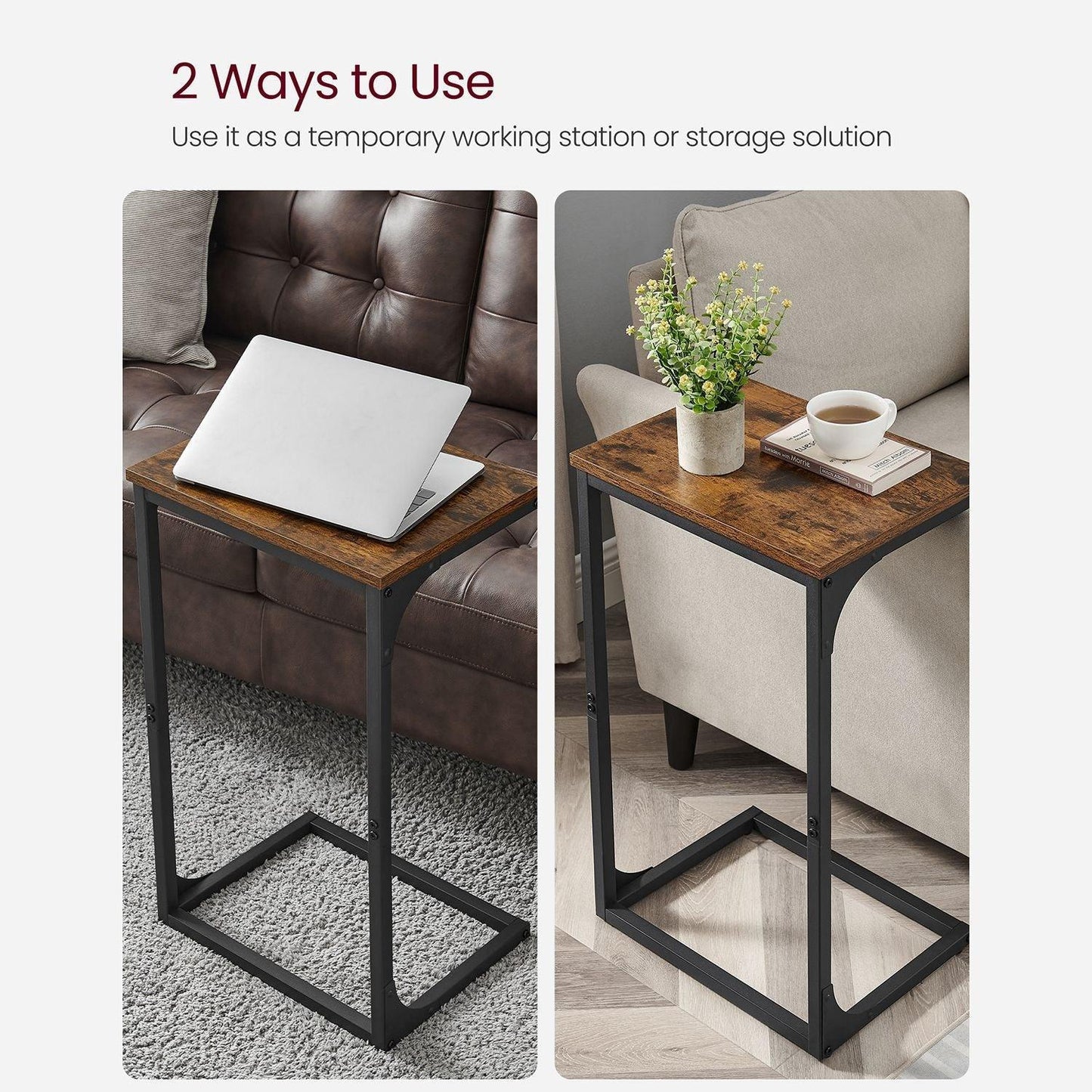 Industrial C-Shaped Side Table, Brown and Black, FredCo