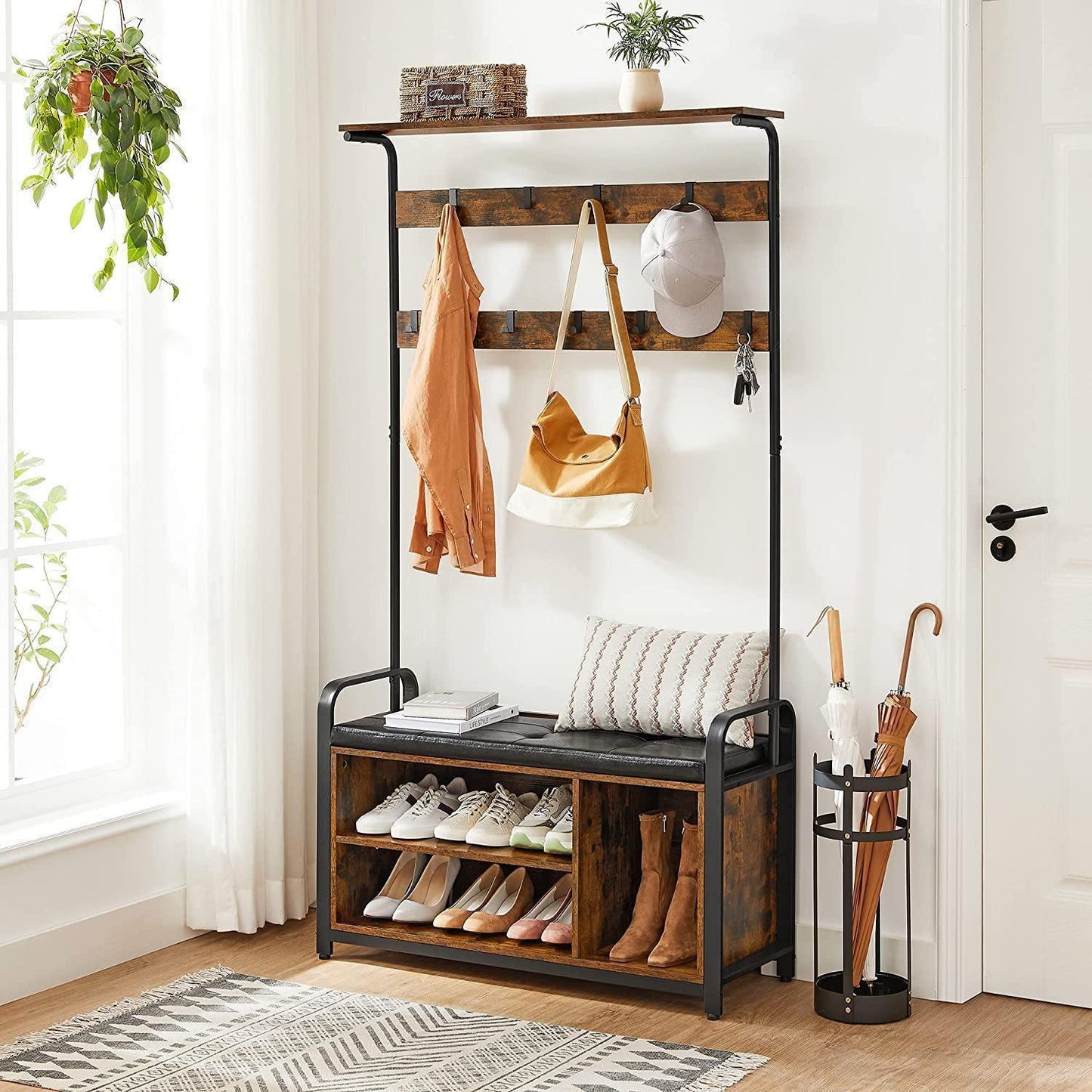Industrial Free Standing Coat Rack with Padded Bench FredCo