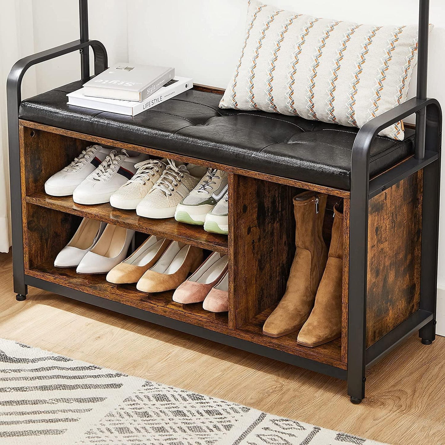 Industrial Free Standing Coat Rack with Padded Bench FredCo