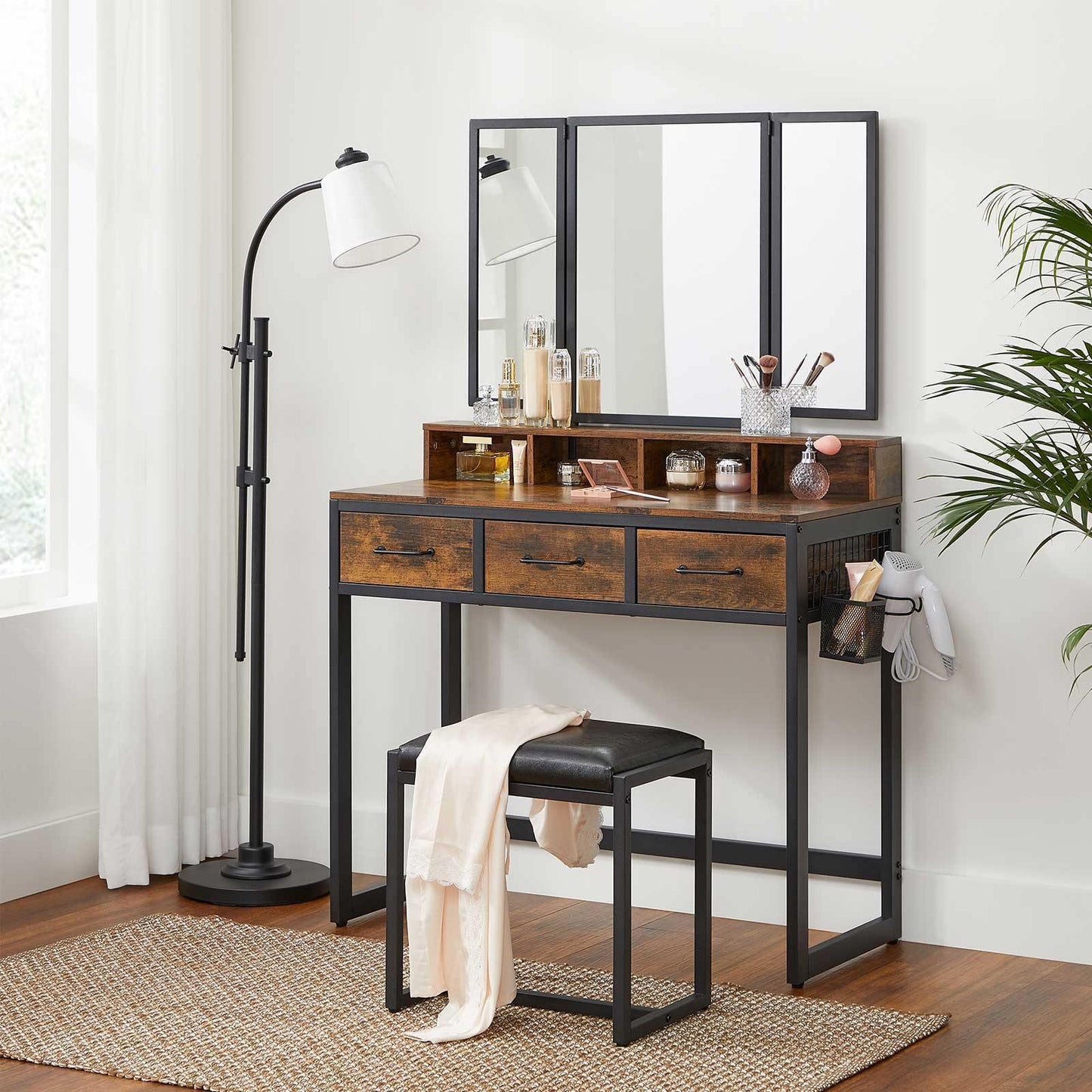 Industrial Rustic Brown & Black Makeup Vanity Table Set FredCo