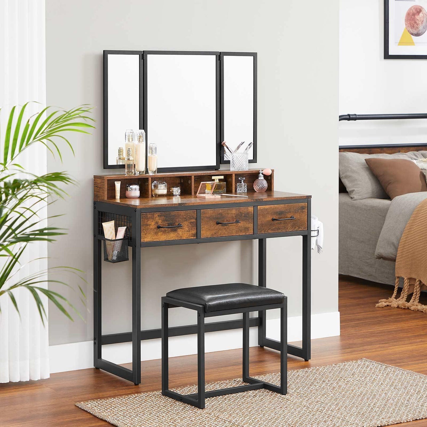 Industrial Rustic Brown & Black Makeup Vanity Table Set FredCo