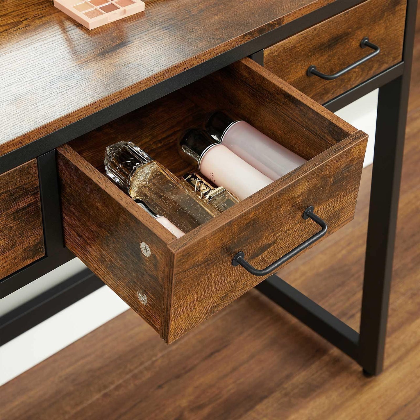 Industrial Rustic Brown & Black Makeup Vanity Table Set FredCo