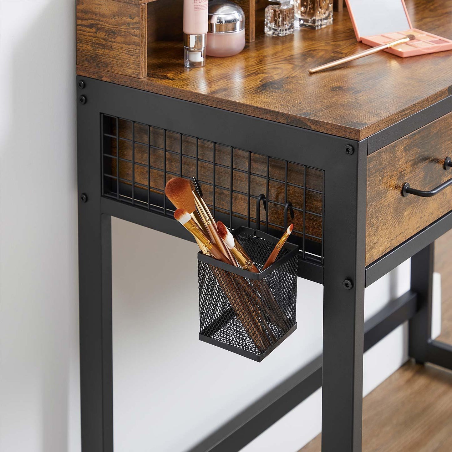 Industrial Rustic Brown & Black Makeup Vanity Table Set FredCo