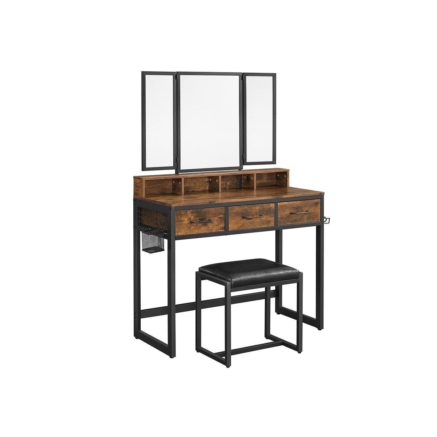 Industrial Rustic Brown & Black Makeup Vanity Table Set FredCo