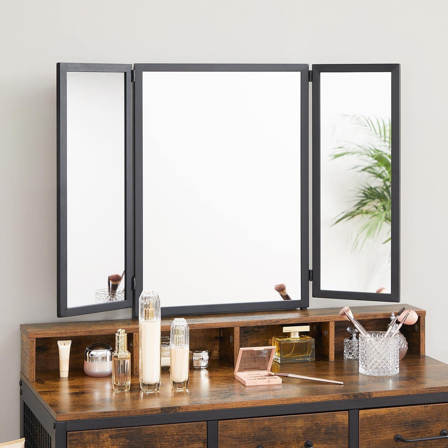 Industrial Rustic Brown & Black Makeup Vanity Table Set FredCo