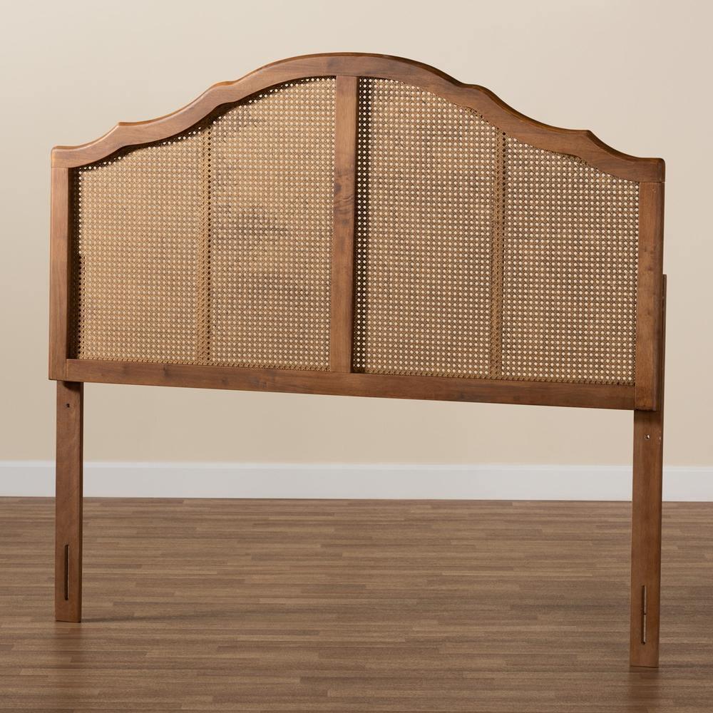 Iris Vintage Classic and Traditional Ash Walnut Finished Wood and Synthetic Rattan Queen Size Arched Headboard FredCo