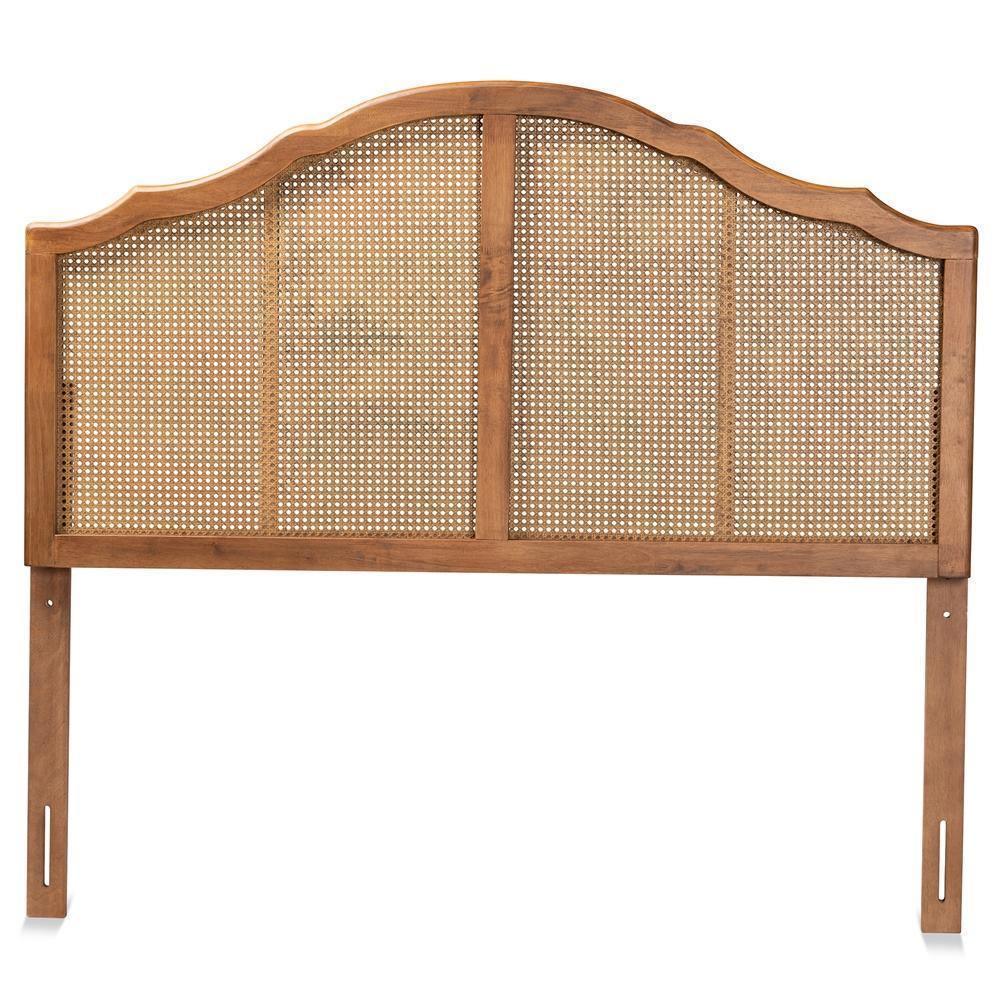 Iris Vintage Classic and Traditional Ash Walnut Finished Wood and Synthetic Rattan Queen Size Arched Headboard FredCo
