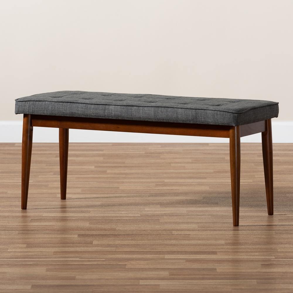 Itami Mid-Century Modern Dark Grey Fabric Upholstered Medium Oak Finished Wood Dining Bench FredCo