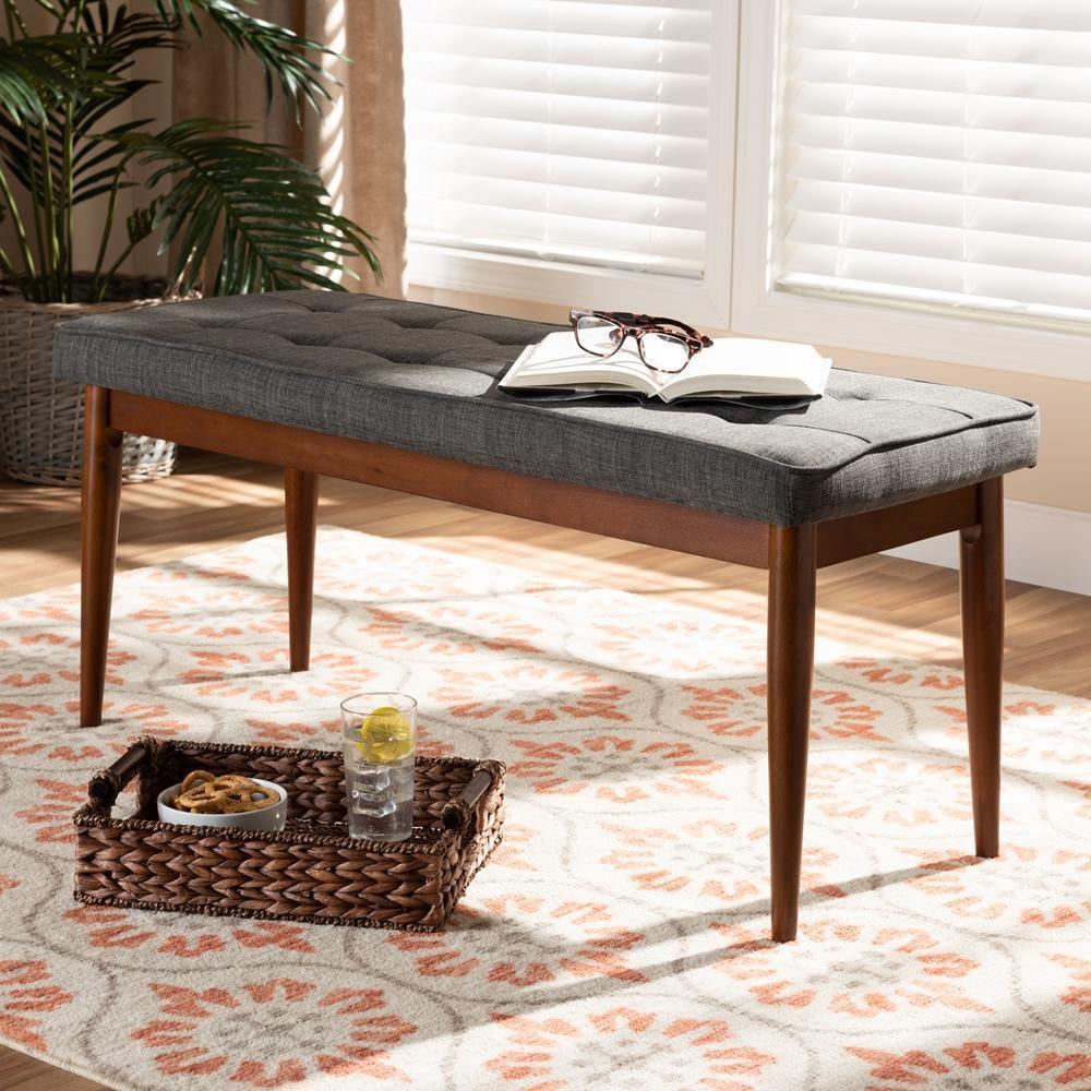 Itami Mid-Century Modern Dark Grey Fabric Upholstered Medium Oak Finished Wood Dining Bench FredCo