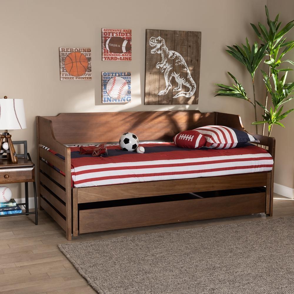 Jameson Modern and Transitional Walnut Brown Finished Expandable Twin Size to King Size Daybed with Storage Drawer FredCo