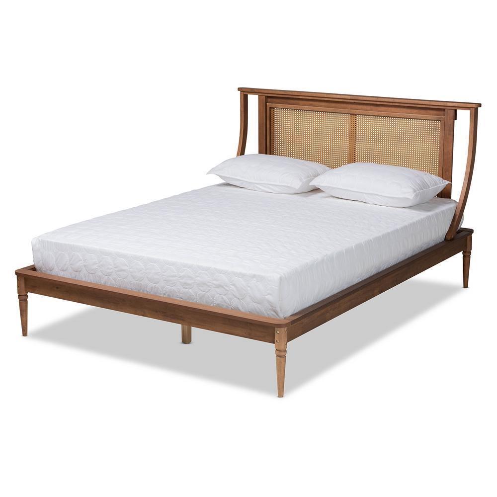 Jamila Modern Transitional Walnut Brown Finished Wood and Synthetic Rattan Full Size Platform Bed FredCo