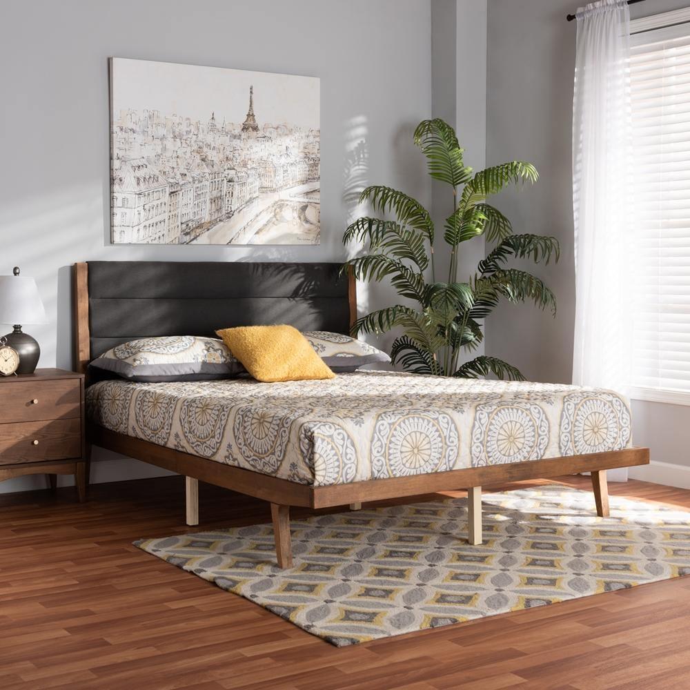 Jarlan Modern and Contemporary Transitional Charcoal Fabric Upholstered and Walnut Brown Finished Wood Full Size Platform Bed FredCo