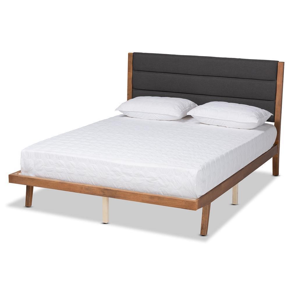 Jarlan Modern and Contemporary Transitional Charcoal Fabric Upholstered and Walnut Brown Finished Wood Full Size Platform Bed FredCo