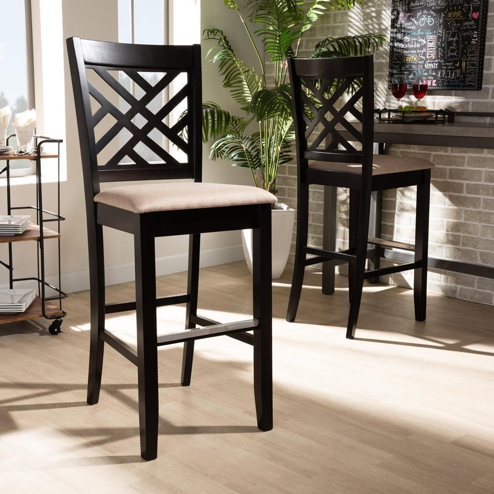 Jason Modern and Contemporary Sand Fabric Upholstered and Espresso Brown Finished Wood 2-Piece Bar Stool Set FredCo