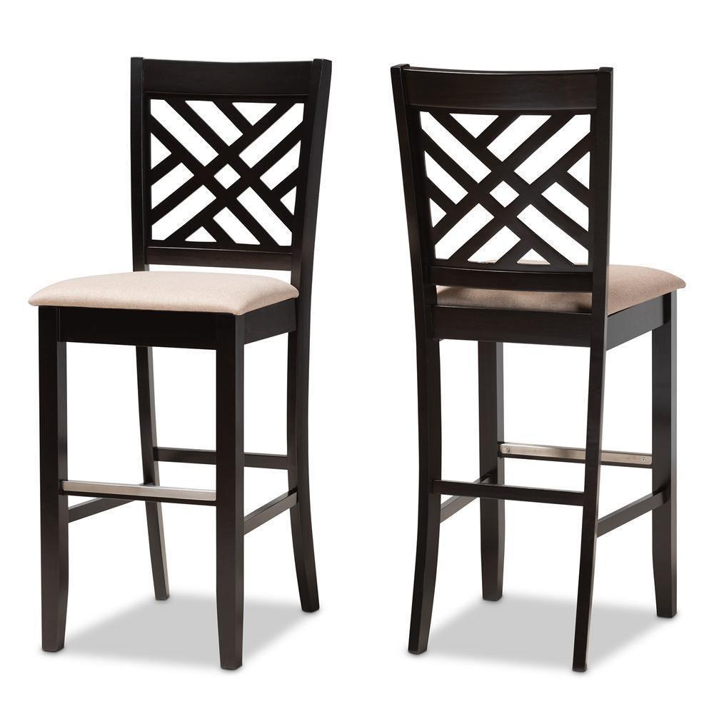 Jason Modern and Contemporary Sand Fabric Upholstered and Espresso Brown Finished Wood 2-Piece Bar Stool Set FredCo