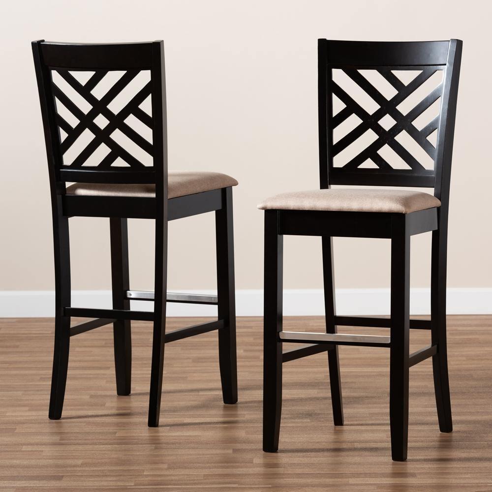 Jason Modern and Contemporary Sand Fabric Upholstered and Espresso Brown Finished Wood 2-Piece Bar Stool Set FredCo