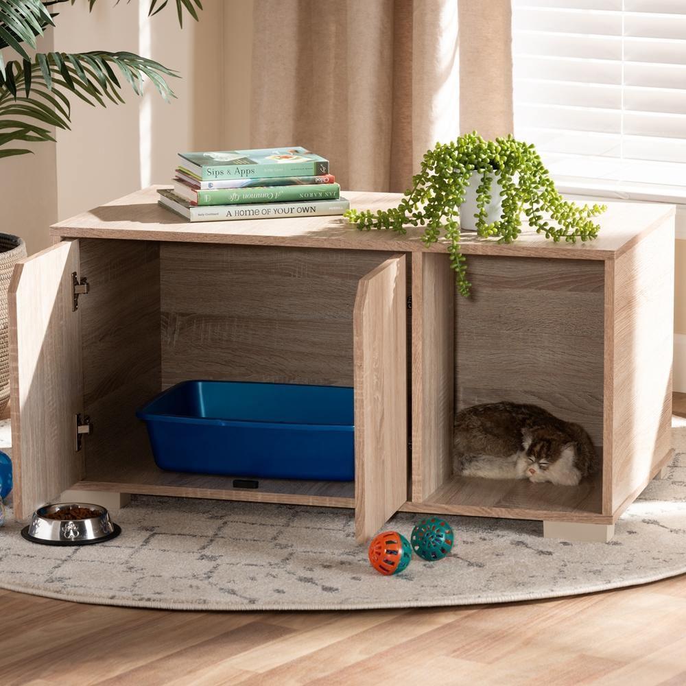 Jasper Modern and Contemporary Oak Finished 2-Door Wood Cat Litter Box Cover House FredCo