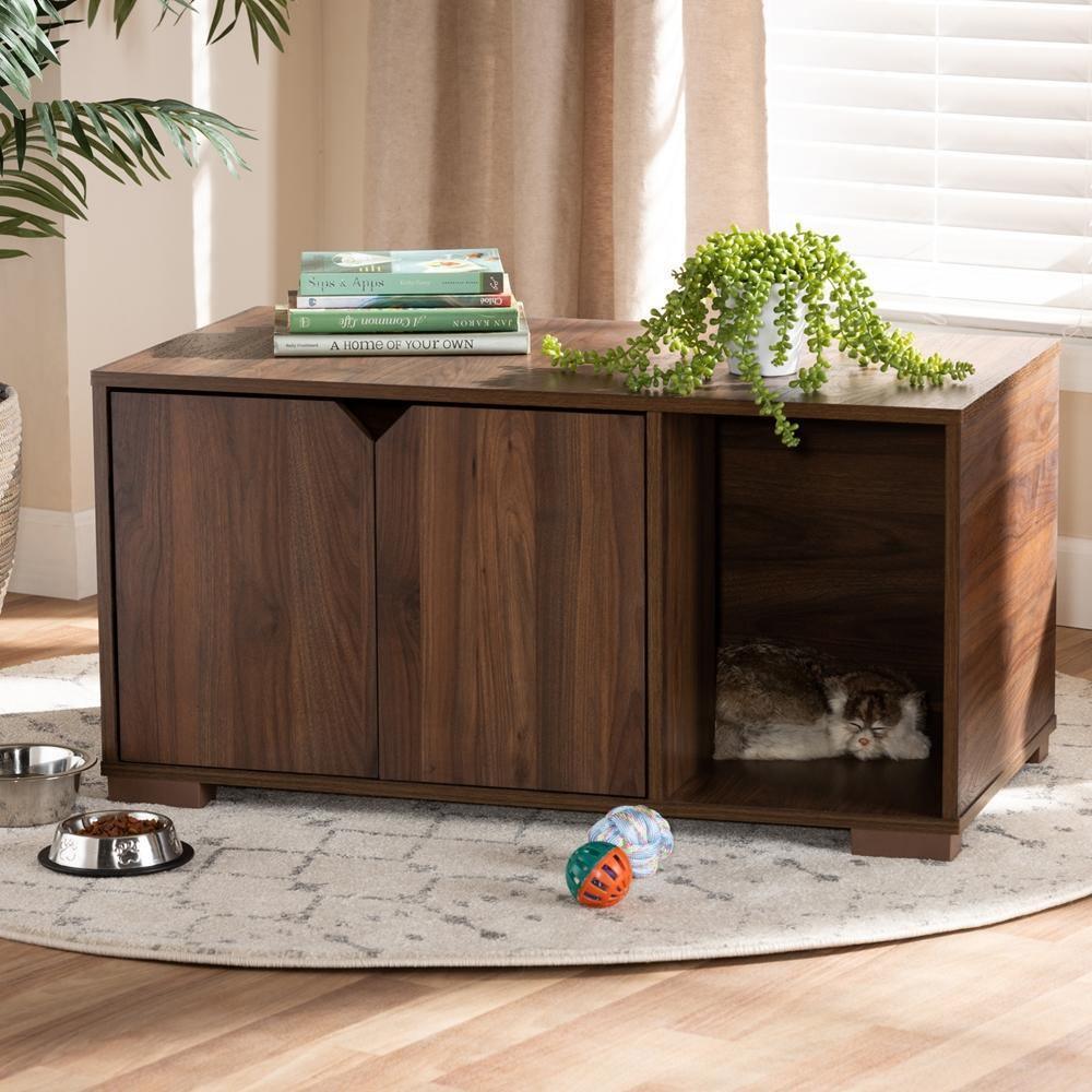 Jasper Modern and Contemporary Walnut Brown Finished 2-Door Wood Cat Litter Box Cover House FredCo