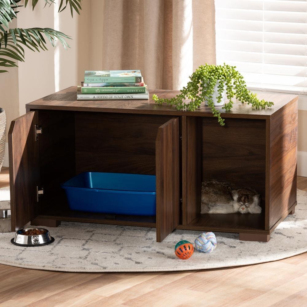 Jasper Modern and Contemporary Walnut Brown Finished 2-Door Wood Cat Litter Box Cover House FredCo