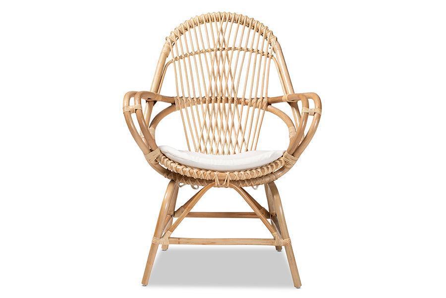 Jayden Modern Bohemian White Fabric Upholstered and Natural Brown Finished Rattan Accent Chair FredCo