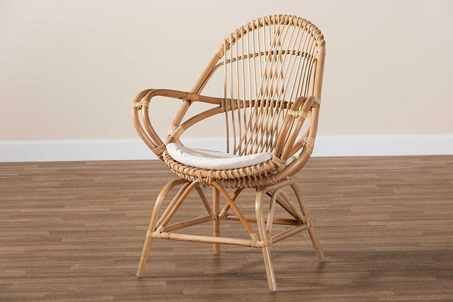 Jayden Modern Bohemian White Fabric Upholstered and Natural Brown Finished Rattan Accent Chair FredCo