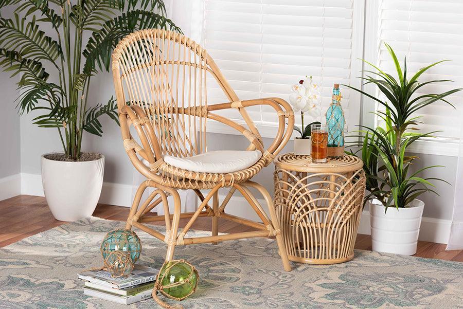 Jayden Modern Bohemian White Fabric Upholstered and Natural Brown Finished Rattan Accent Chair FredCo