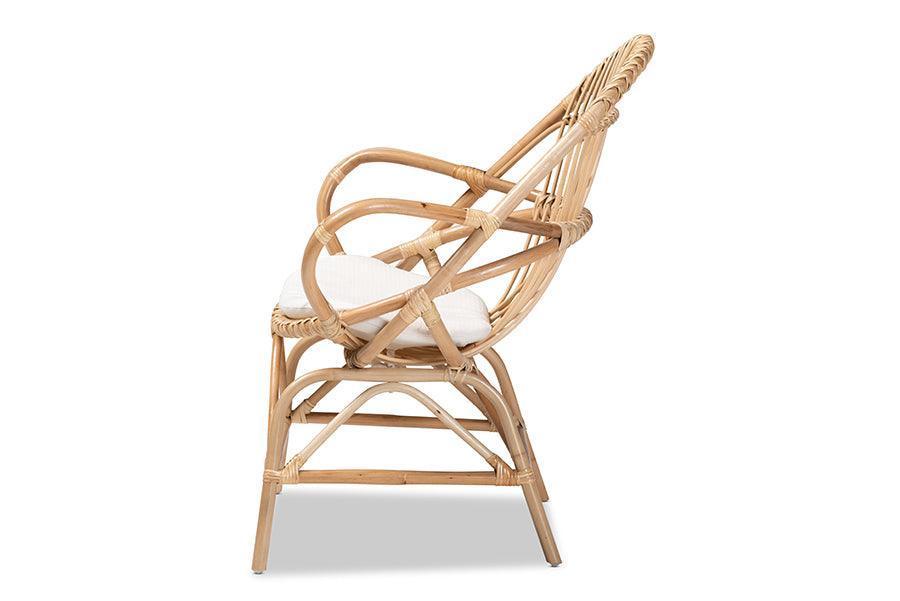 Jayden Modern Bohemian White Fabric Upholstered and Natural Brown Finished Rattan Accent Chair FredCo