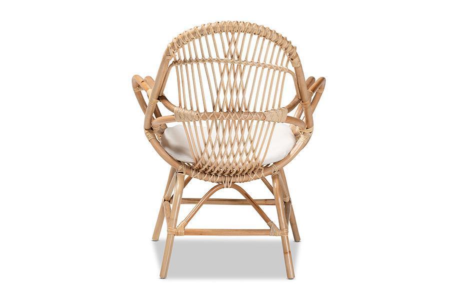 Jayden Modern Bohemian White Fabric Upholstered and Natural Brown Finished Rattan Accent Chair FredCo