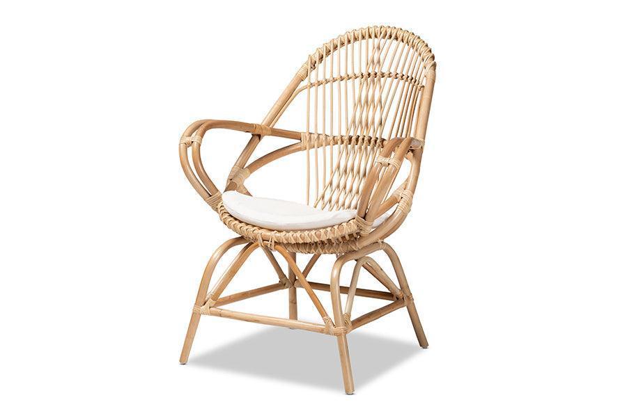 Jayden Modern Bohemian White Fabric Upholstered and Natural Brown Finished Rattan Accent Chair FredCo