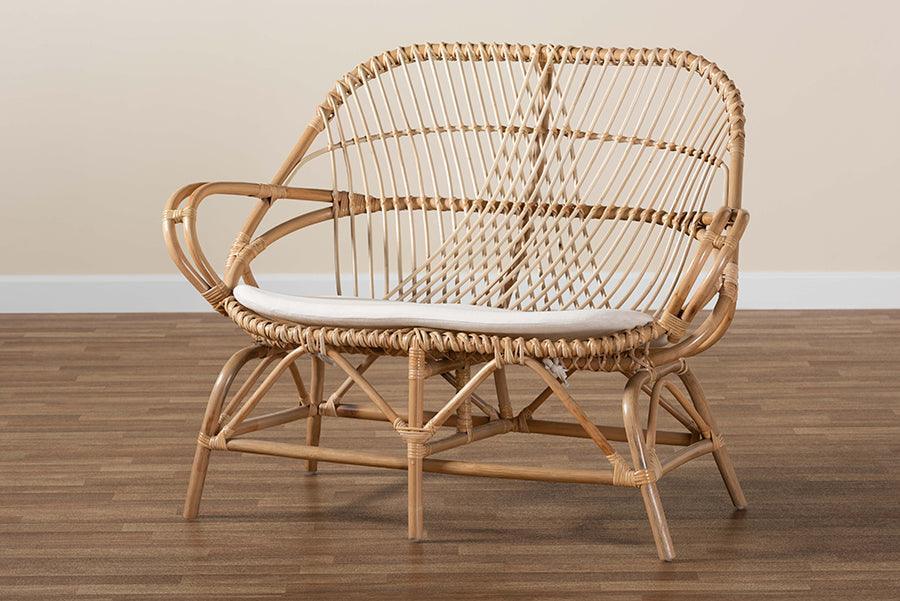 Jayden Modern Bohemian White Fabric Upholstered and Natural Brown Finished Rattan Loveseat FredCo