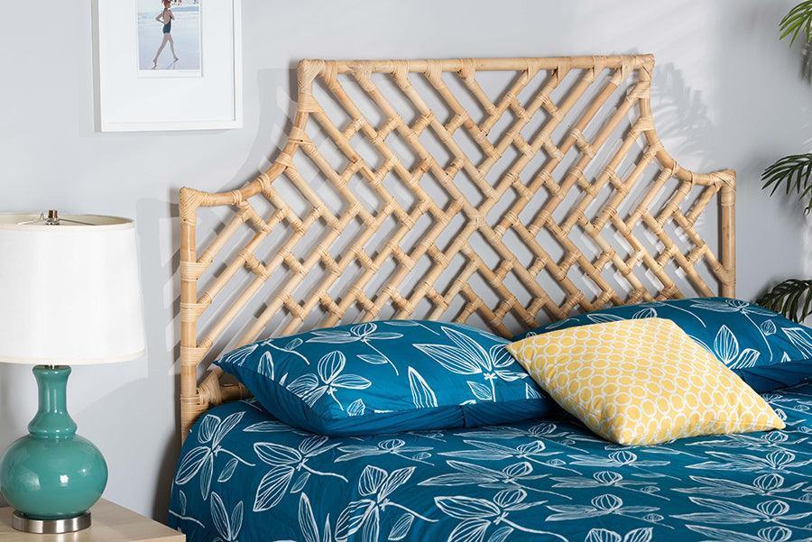 Jayliah Modern Bohemian Natural Brown Rattan Queen Size Standalone Headboard FredCo