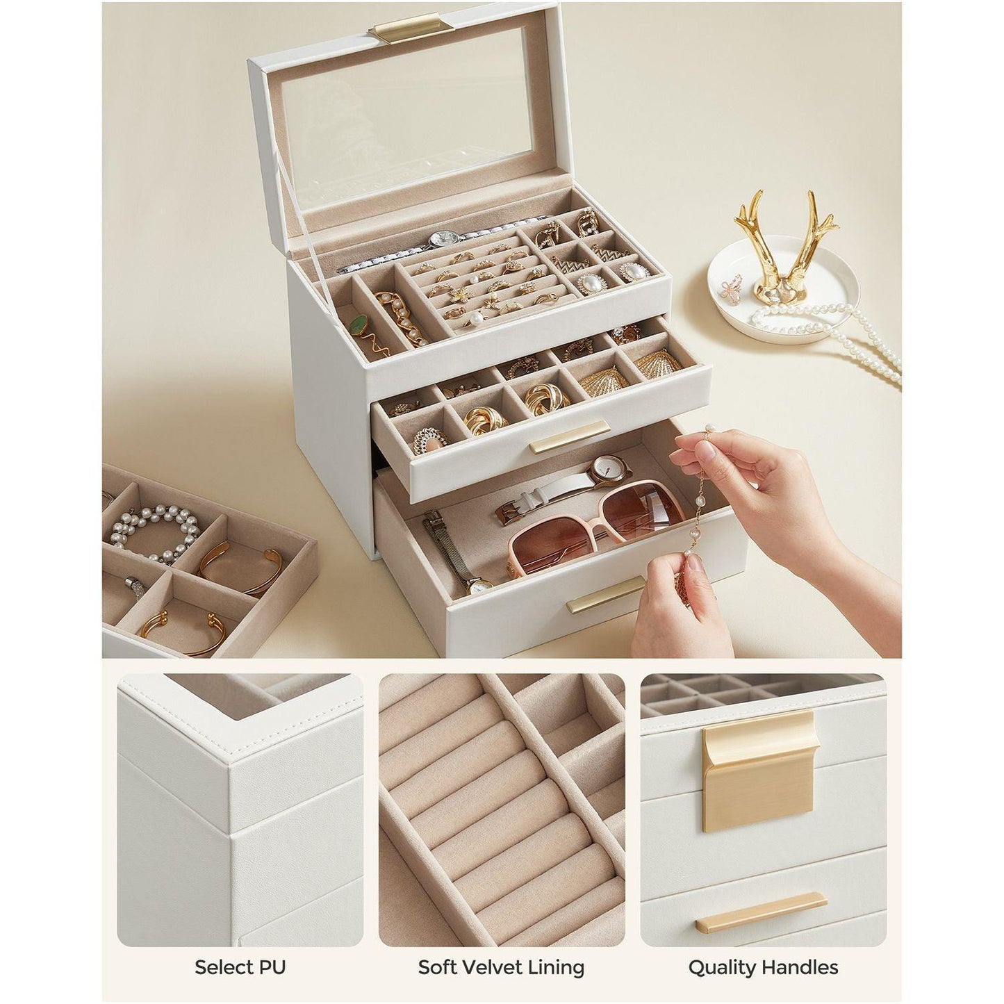 Jewelry Box with Glass Lid, 3 Drawer, White FredCo