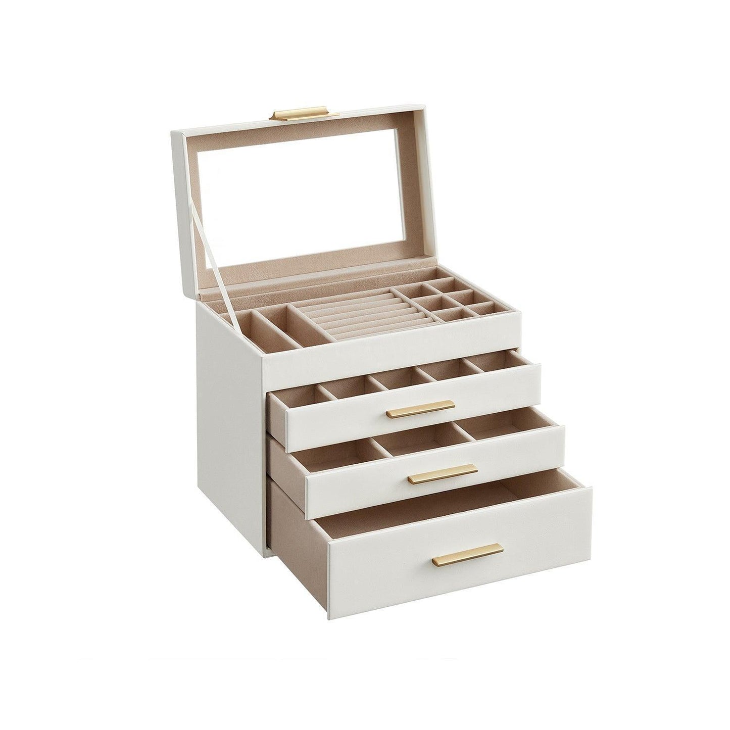 Jewelry Box with Glass Lid, 3 Drawer, White FredCo