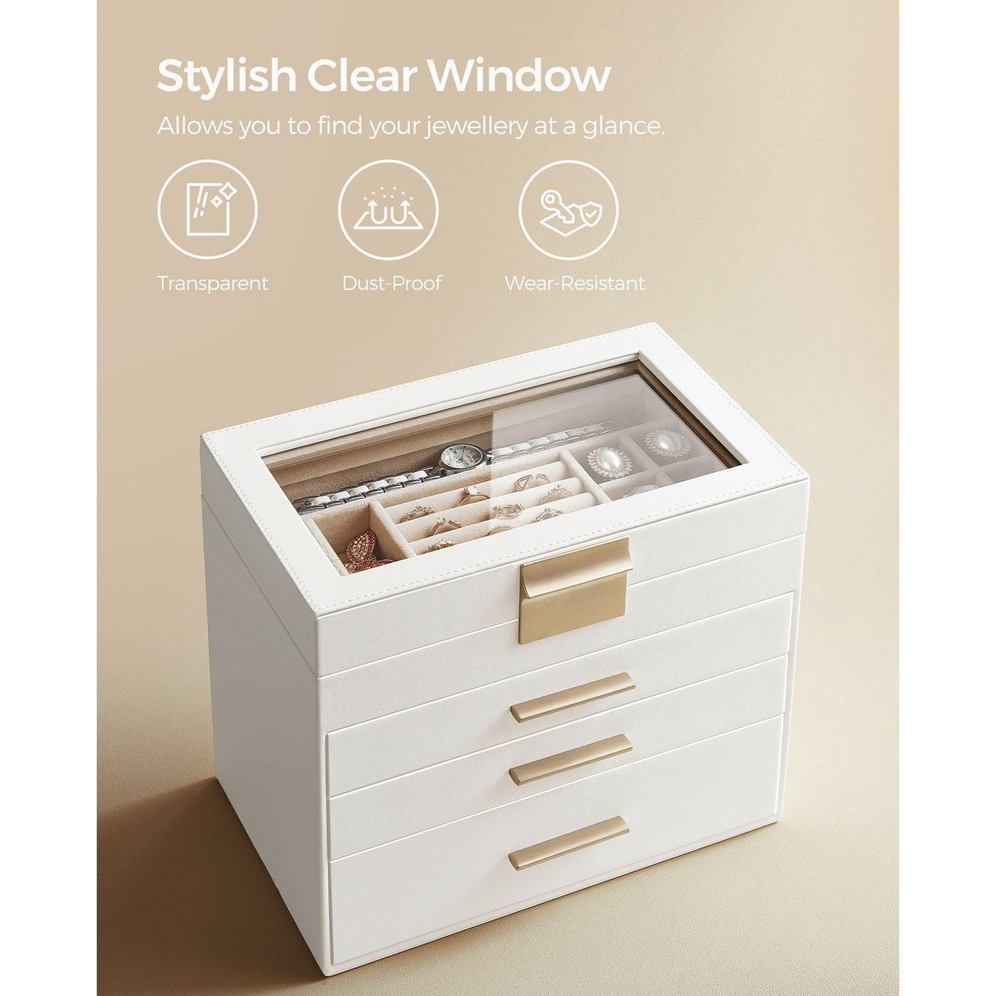 Jewelry Box with Glass Lid, 3 Drawer, White FredCo