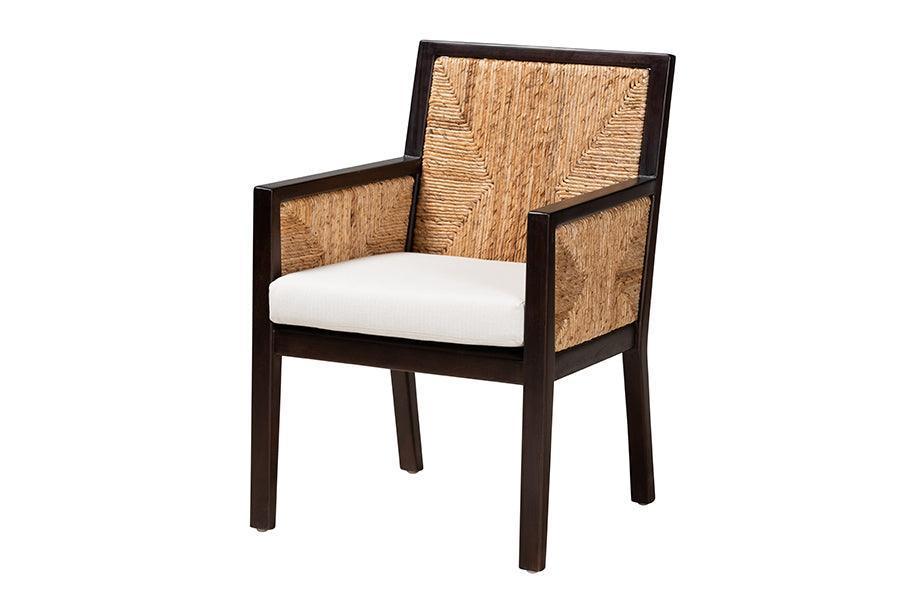 Joana Modern Bohemian Dark Brown Mahogany Wood and Natural Abaca Dining Arm Chair FredCo