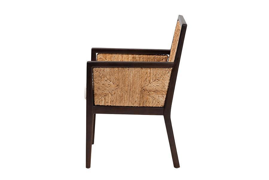 Joana Modern Bohemian Dark Brown Mahogany Wood and Natural Abaca Dining Arm Chair FredCo