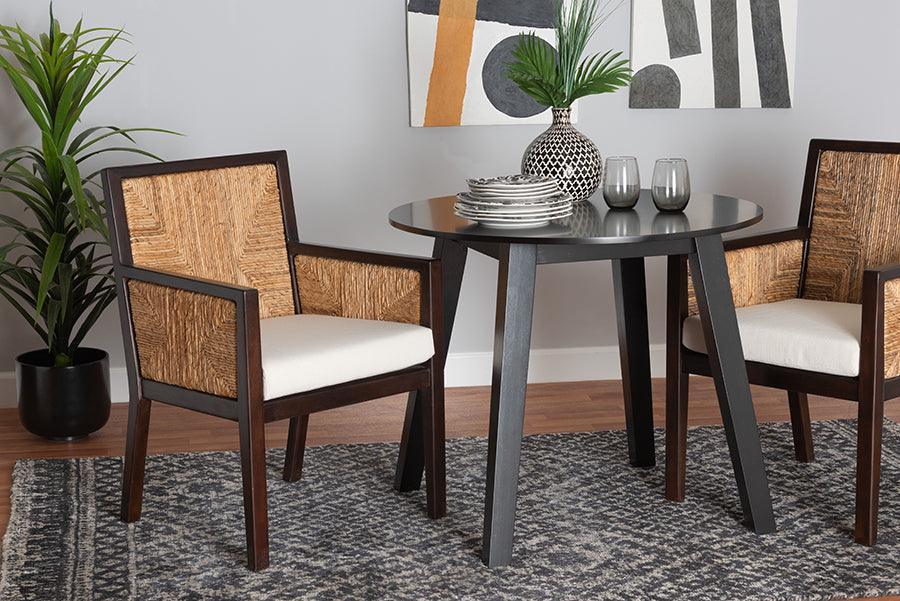 Joana Modern Bohemian Dark Brown Mahogany Wood and Natural Abaca Dining Arm Chair FredCo