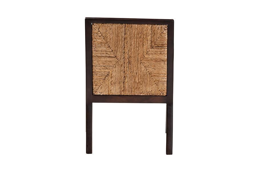Joana Modern Bohemian Dark Brown Mahogany Wood and Natural Abaca Dining Arm Chair FredCo