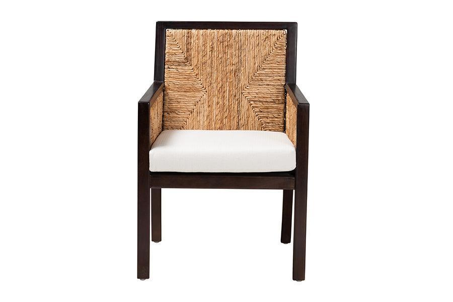 Joana Modern Bohemian Dark Brown Mahogany Wood and Natural Abaca Dining Arm Chair FredCo