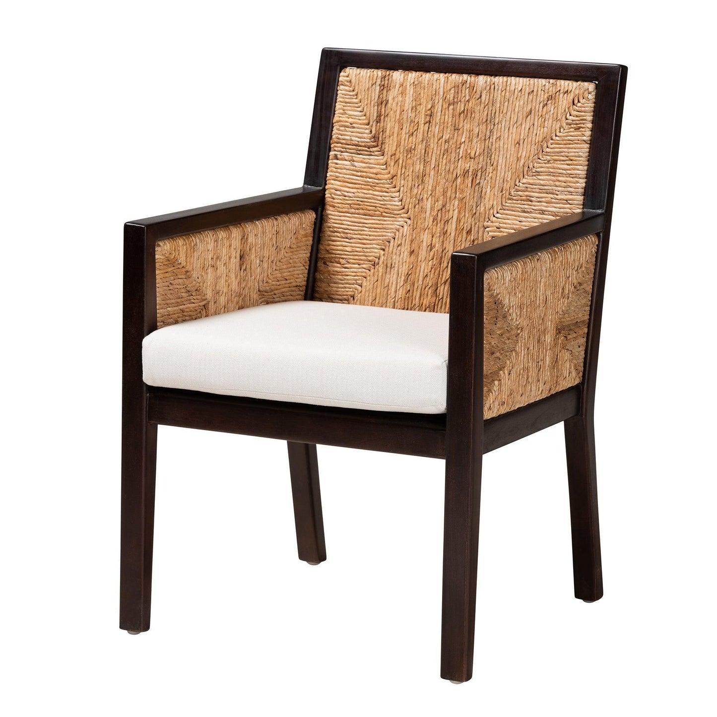 Joana Modern Bohemian Dark Brown Mahogany Wood and Natural Abaca Dining Arm Chair FredCo