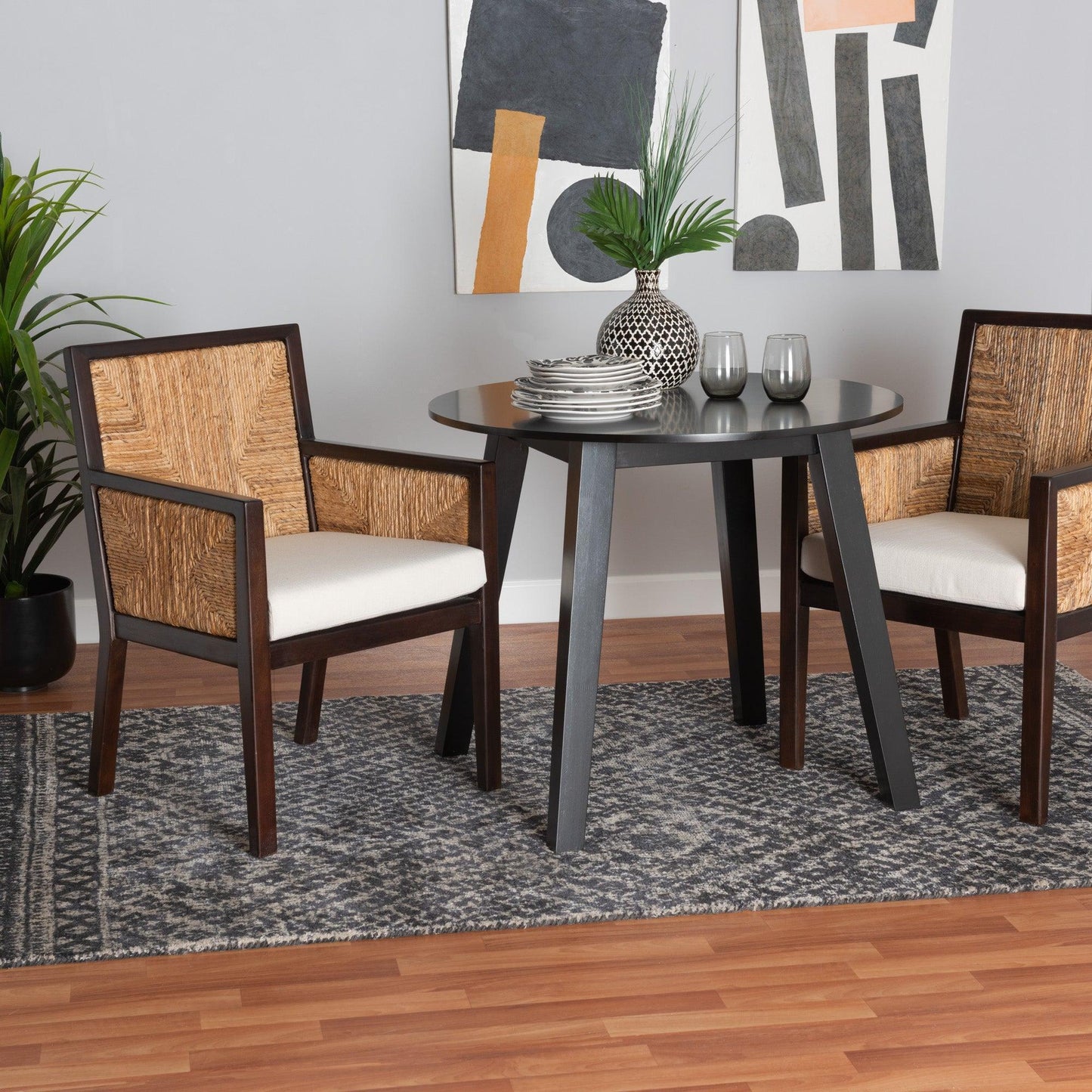 Joana Modern Bohemian Dark Brown Mahogany Wood and Natural Abaca Dining Arm Chair FredCo