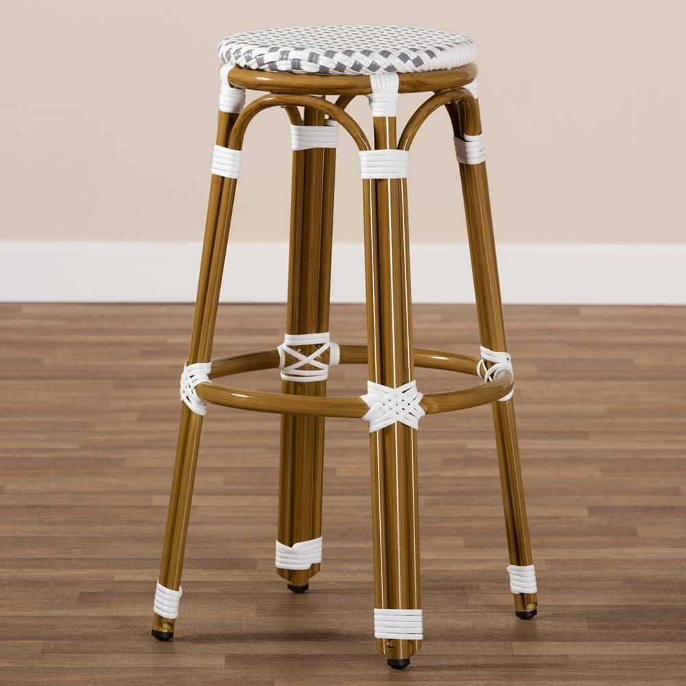 Joelle Classic French Indoor and Outdoor Grey and White Bamboo Style Stackable Bistro Bar Stool FredCo