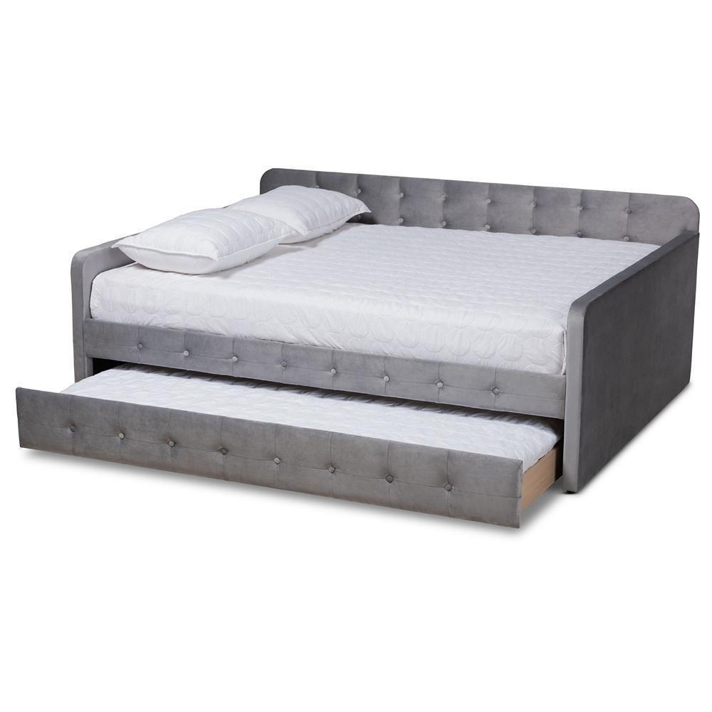 Jona Modern and Contemporary Transitional Grey Velvet Fabric Upholstered and Button Tufted Queen Size Daybed with Trundle FredCo
